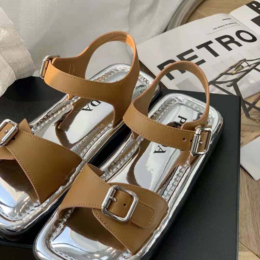 Prada Women Flat Rectangular Leather Sandals-Brown