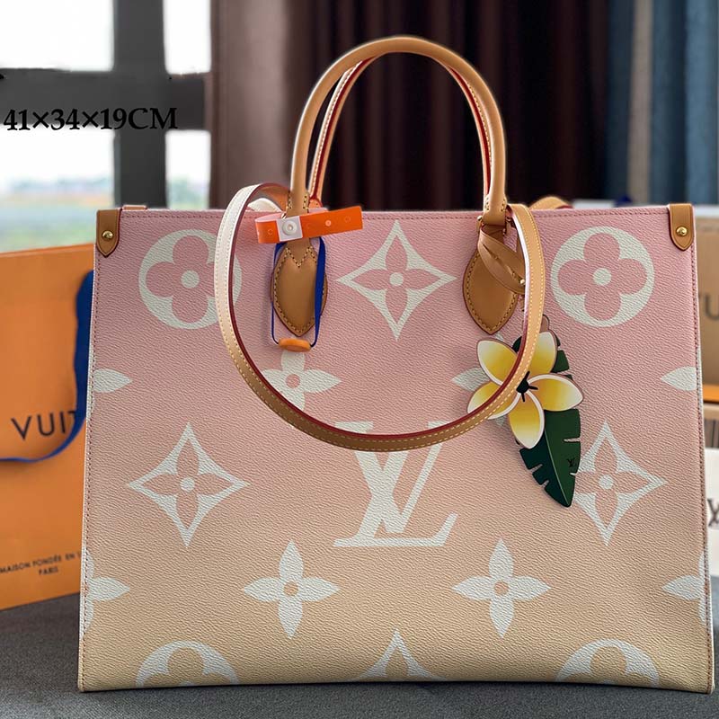 Louis Vuitton LV Women OnTheGo GM Tote Bag Pink Monogram Giant Coated Canvas Raffia