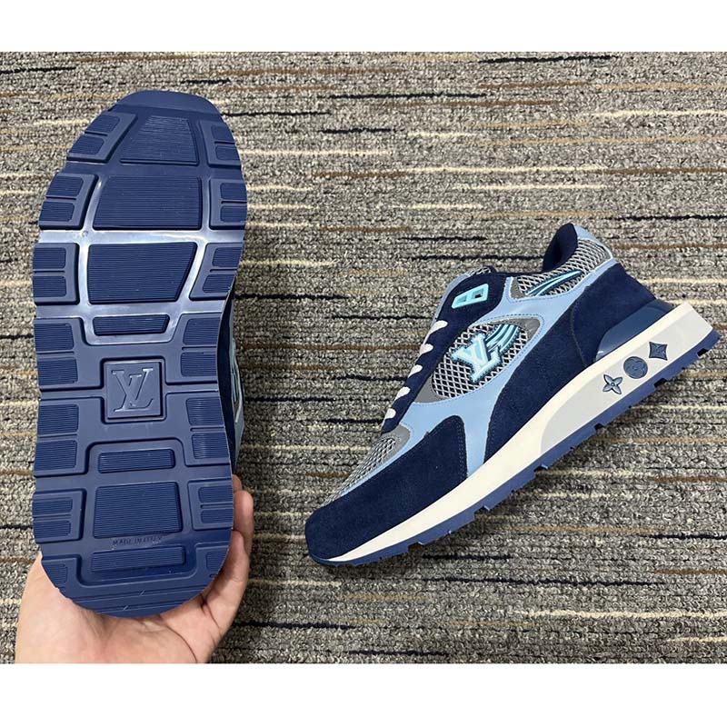 Louis Vuitton Unisex Run Away Sneaker Blue Mesh Suede Calf Leather Monogram Flowers