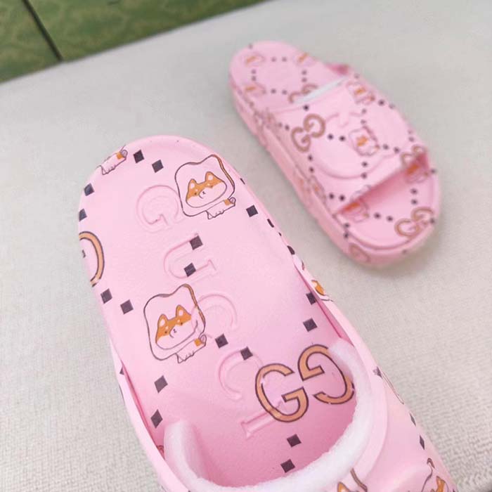 Gucci Unisex GG Animal Print Rubber Slide Sandal Pink Embossed Interlocking G Low Heel