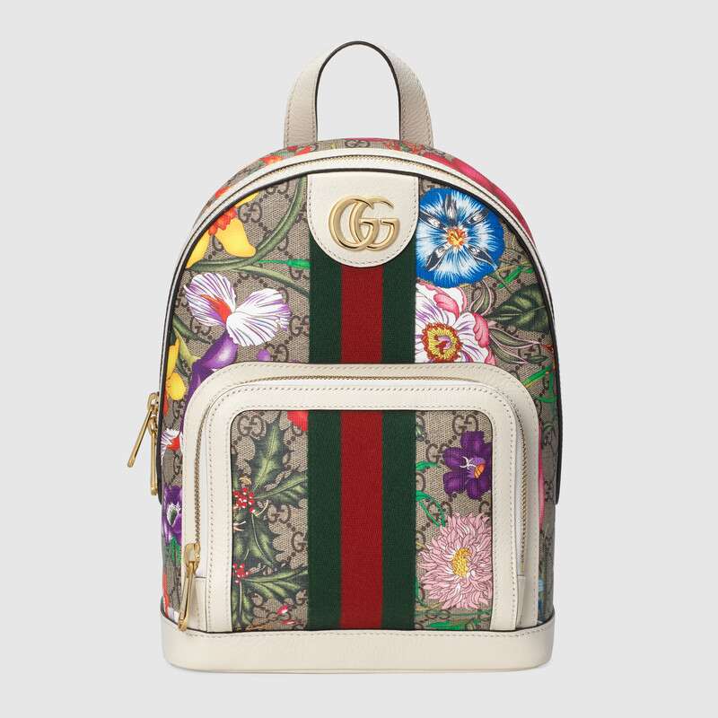 Gucci GG Women Ophidia GG Flora Small Backpack in Beige/Ebony GG Supreme Canvas