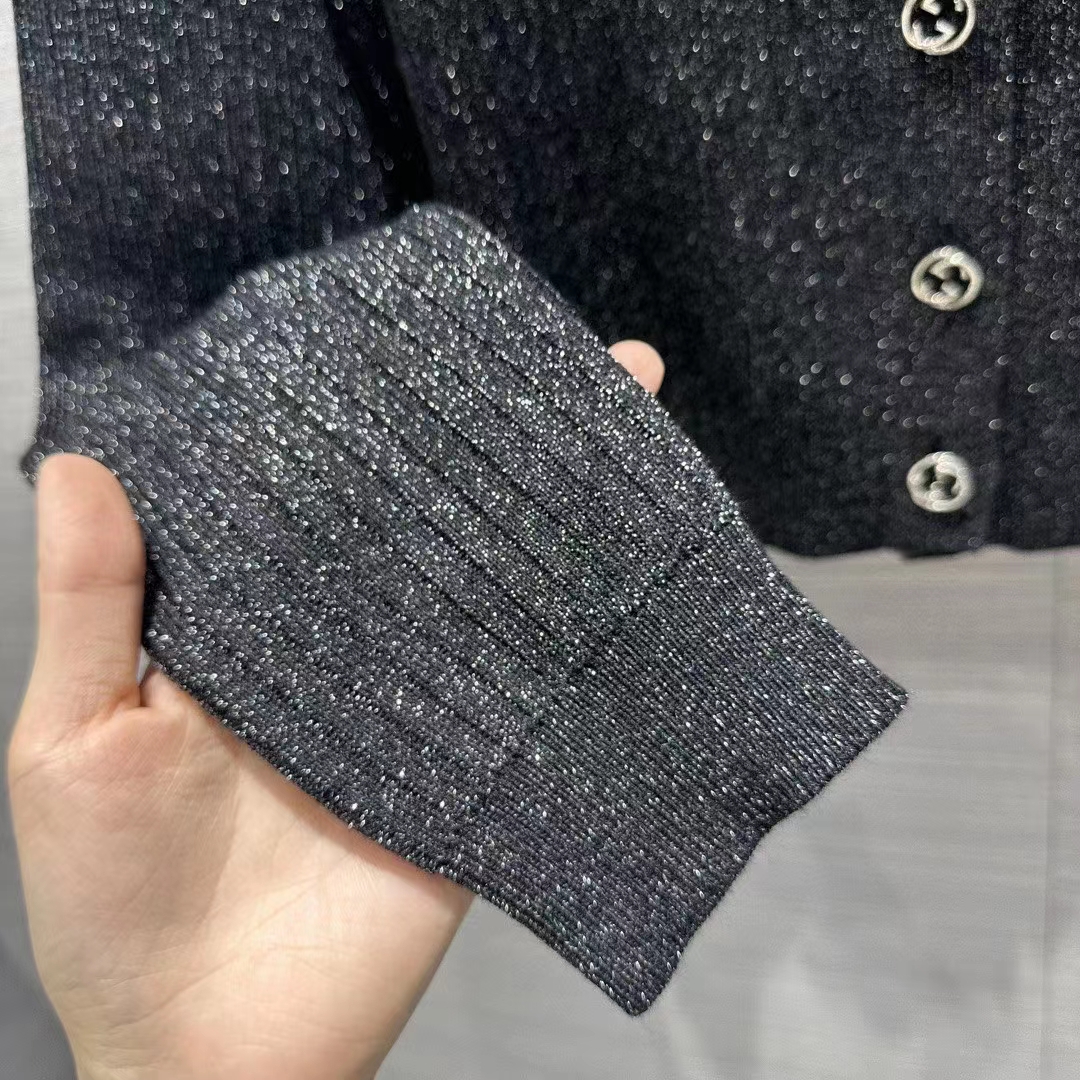 Gucci GG Women Rib Stitch Viscose Lamé Cardigan Interlocking G Buttons V-Neck Long Sleeves