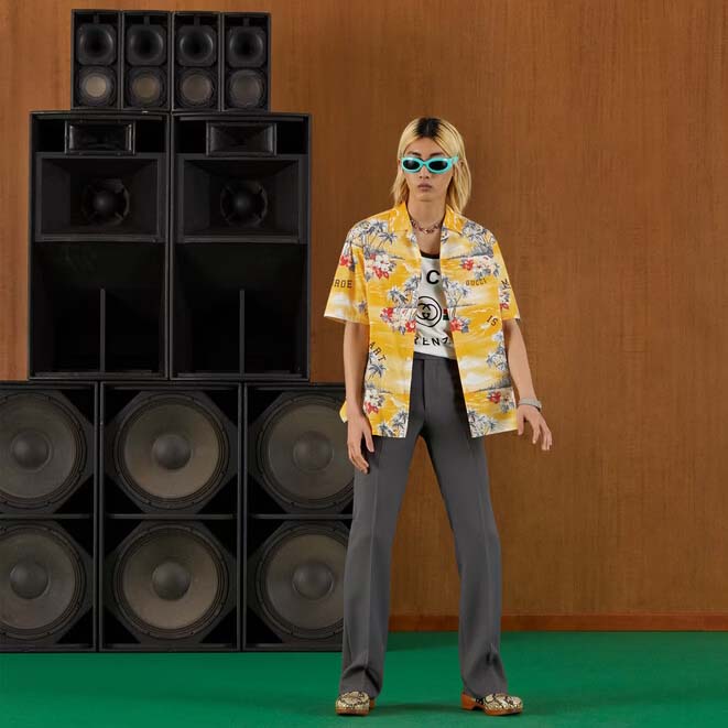 Gucci GG Men Printed Cotton Bowling Shirt Yellow Red Poplin Short Sleeves