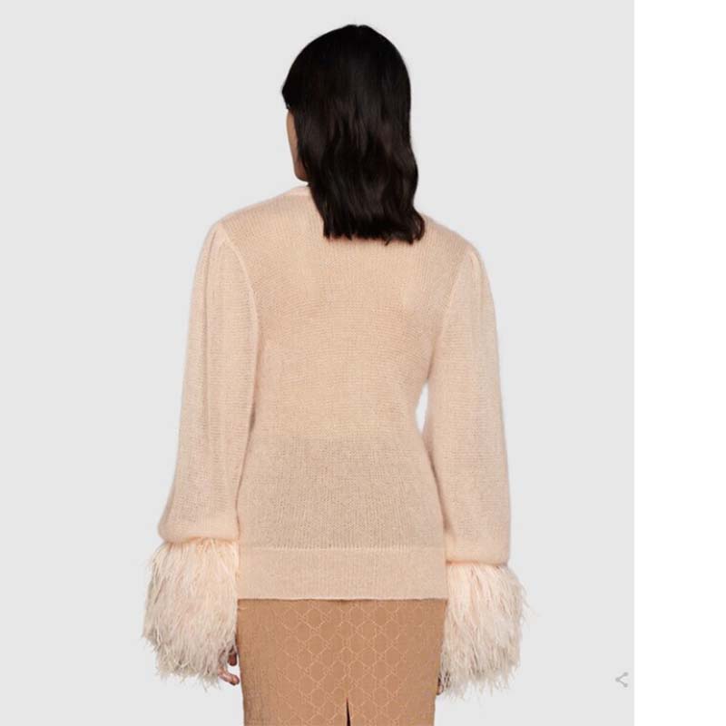 Gucci GG Women Silk Mohair Sweater Feathers Beige Double G Embroidery Crewneck
