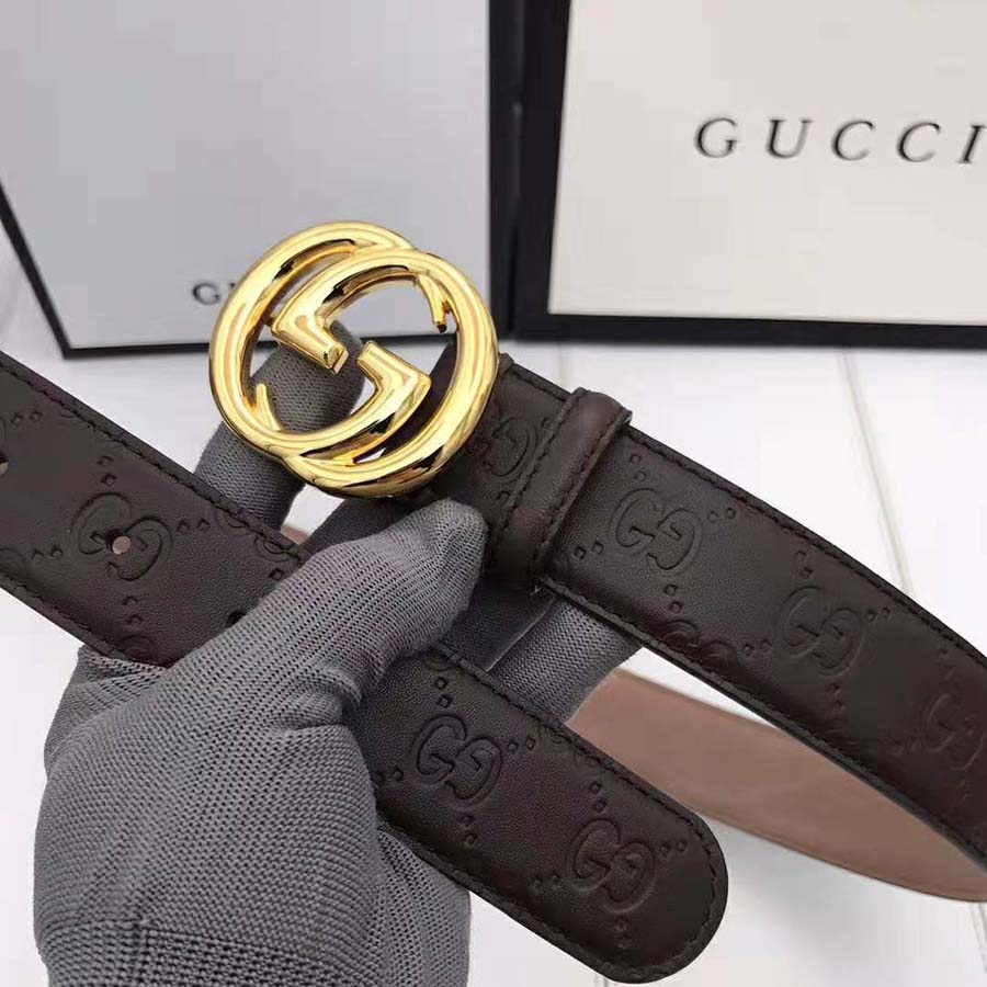 Gucci Unisex Gucci Signature Leather Belt with Interlocking G Buckle-Brown