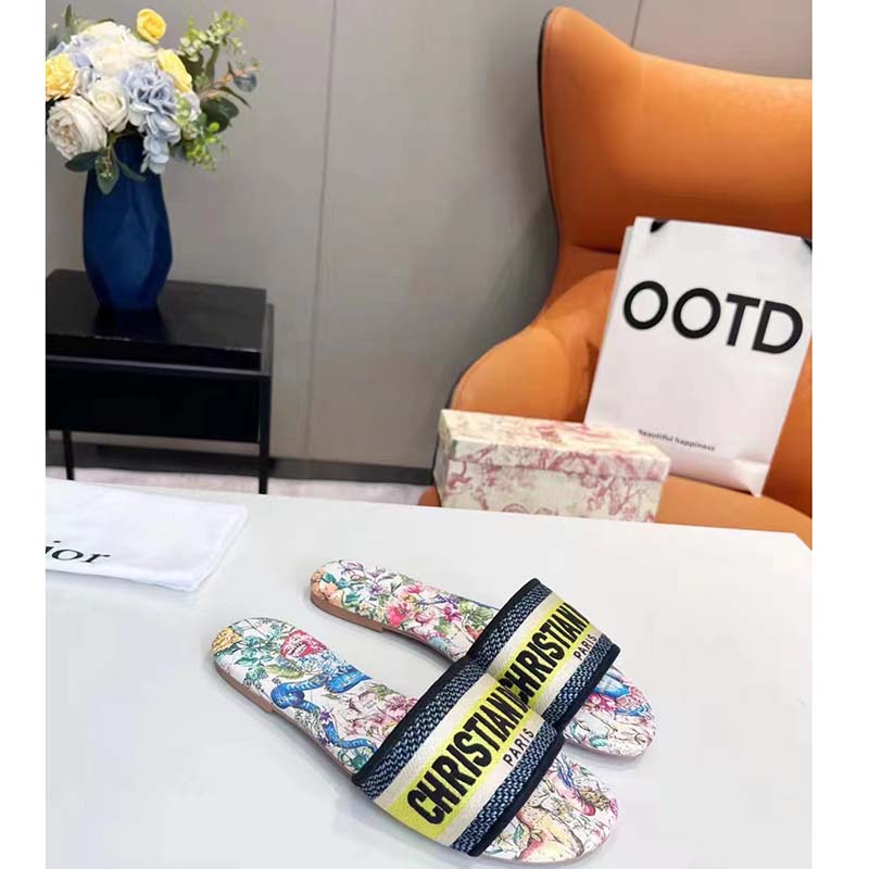 Dior Women Shoes CD Dway Slide White Multicolor D-Constellation Embroidered Cotton