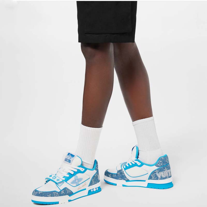 Louis Vuitton Unisex LV Trainer Sneaker Blue Monogram Denim Rubber Monogram Flowers