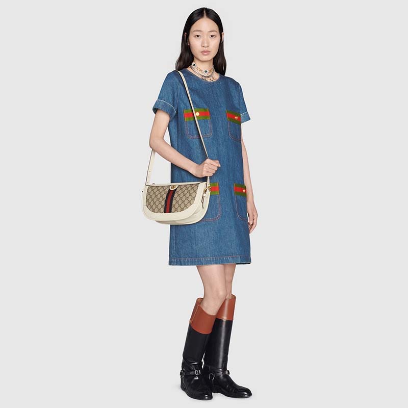 Gucci Unisex GG Ophidia Large Shoulder Bag Beige Ebony GG Supreme Canvas