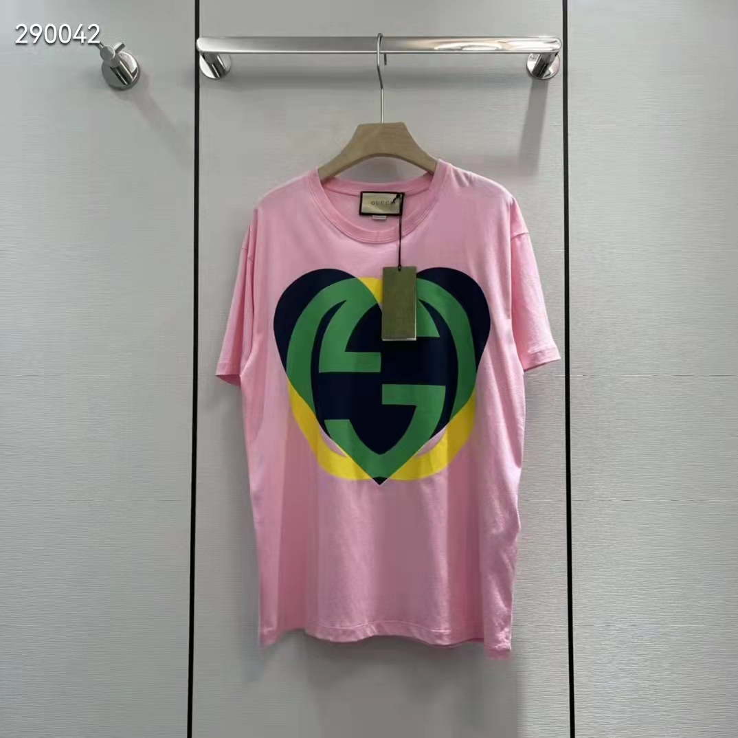Gucci Men GG Interlocking G Heart T-Shirt Pink Cotton Jersey Crewneck Oversize Fit