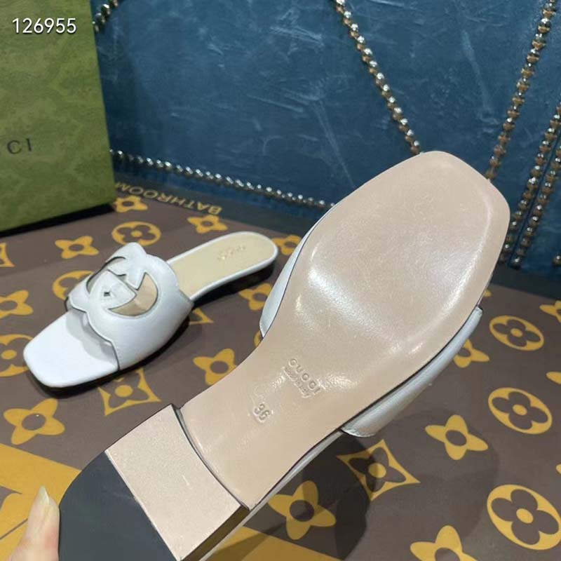 Gucci Unisex Interlocking G Cut-Out Slide Sandals White Leather Flat 1 cm Heel