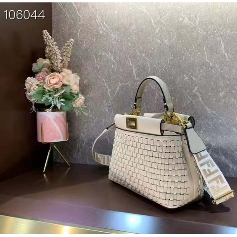 Fendi FF Women Peekaboo Mini Bag Beige Braided Calfskin Leather Bag