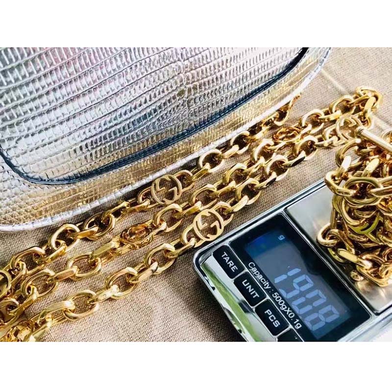 Gucci Women Jackie 1961 Lizard Mini Bag Silver Lamé Lizard