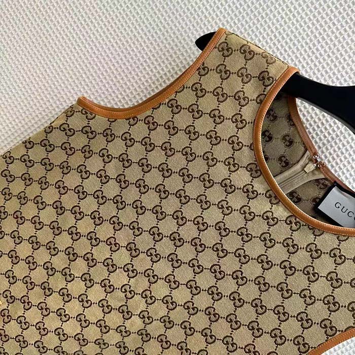 Gucci Women GG Canvas Dress Brown Beige Leather Unlined Crewneck Sleeveless