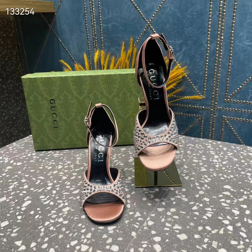 Gucci Women GG Mid-Heel Sandals Crystals Silver Satin 8 CM Heel Double G