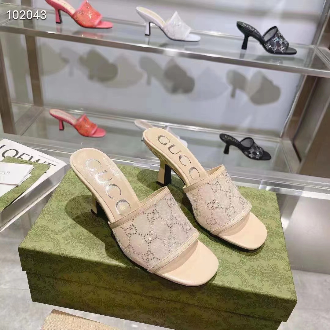 Gucci Women GG Mid Heel Slide Sandal Rose Beige GG Crystal Mesh 7.6 CM Heel