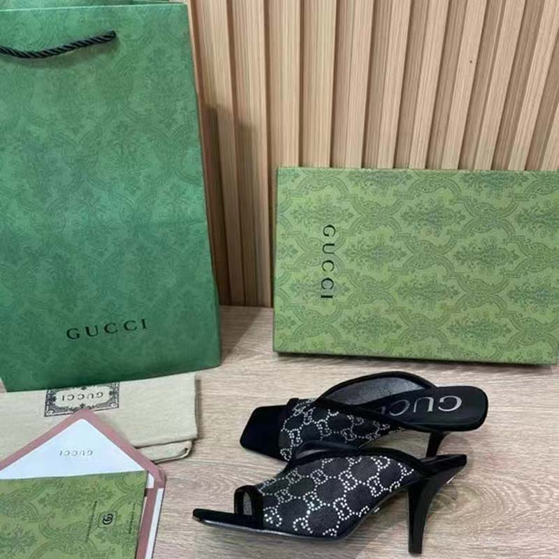 Gucci Women GG Sandal Black Mesh GG Crystals Square Toe Mid-Heel
