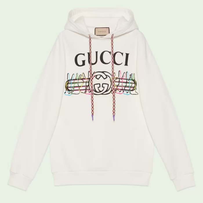 Gucci Men GG Logo Bunny Print Hooded Cotton Sweatshirt Off White Cotton Jersey