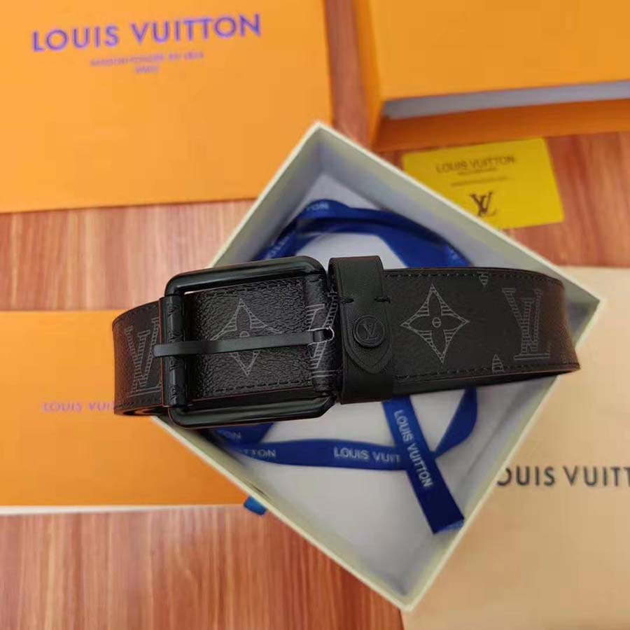 Louis Vuitton LV Unisex Voyager 35mm Belt in Monogram Eclipse Canvas-Grey