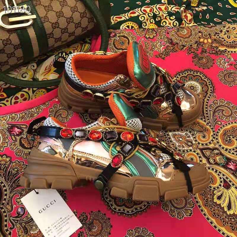 Gucci Women Flashtrek Sneaker with Removable Crystals 5.6cm Height-Brown