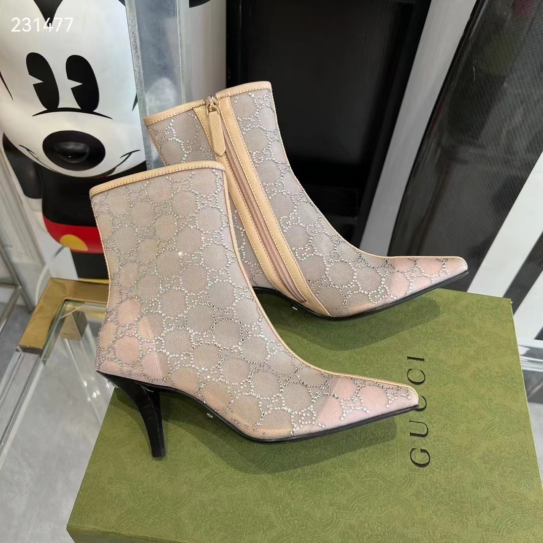 Gucci Women GG Mid-Heel Boot Rose Beige GG Crystal Mesh Leather Sole Pointed Toe