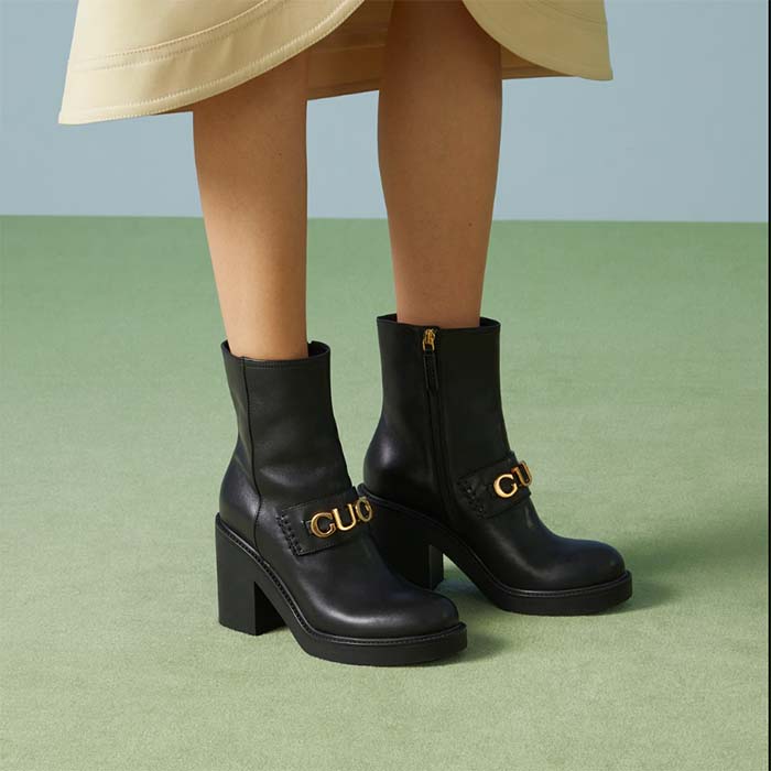 Gucci Women GG Gucci Boot Black Leather Script Rubber Sole Side Zip Closure Mid-Heel