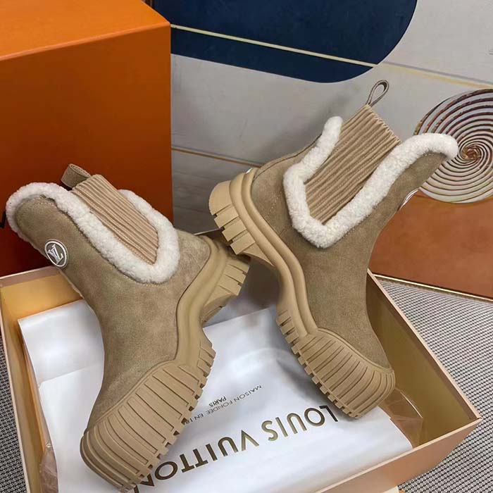 Louis Vuitton Women Shoes LV Ruby Flat Ankle Boot Beige Suede Calf Leather Shearling