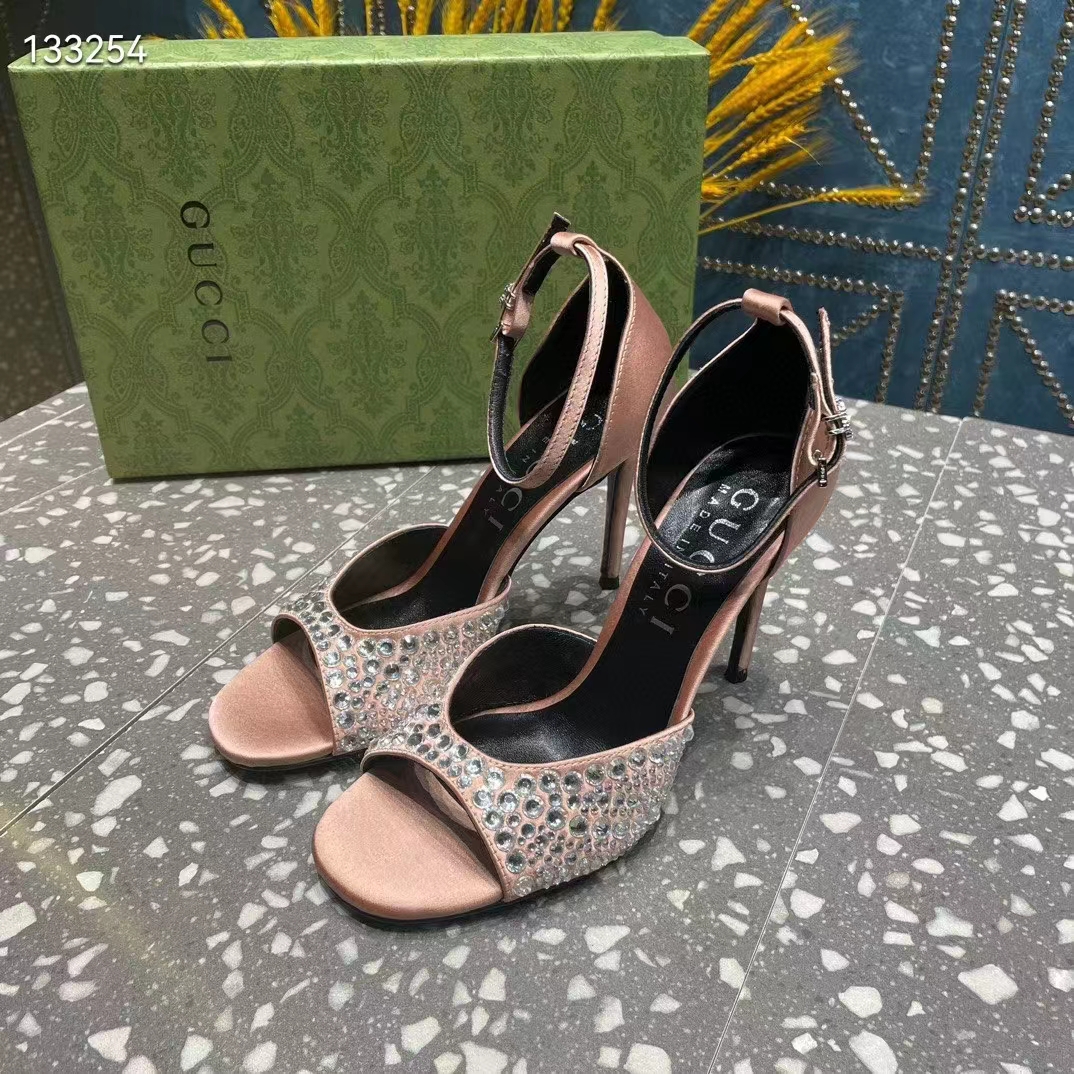 Gucci Women GG Mid-Heel Sandals Crystals Silver Satin 8 CM Heel Double G