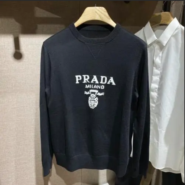 Prada Women Cashmere Wool Prada Logo Crew-Neck Sweater Black Menswear Fit