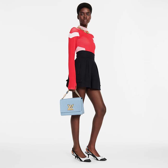 Louis Vuitton LV Women Twist MM Handbag Bleu Nuage Blue Epi Grained Leather