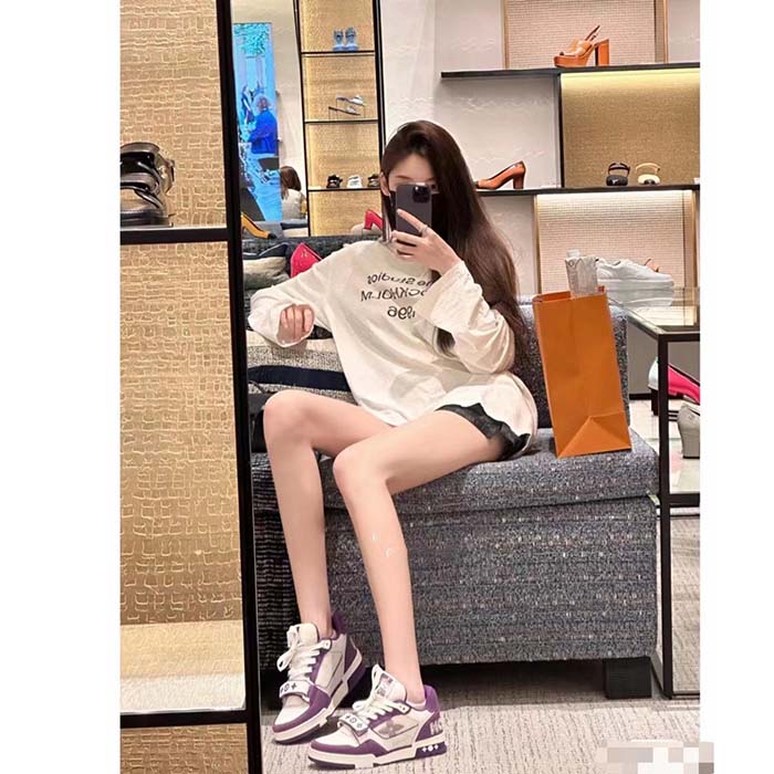 Louis Vuitton LV Unisex Trainer Sneaker Purple Monogram Denim Rubber Outsole Monogram Flower