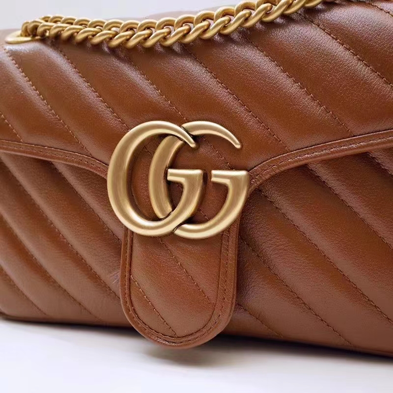 Gucci Women GG Marmont Small Matelassé Shoulder Bag Brown Leather