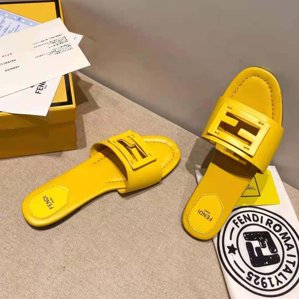 Fendi Women Signature Yellow Leather Slides in 0.4 inches Heel Height