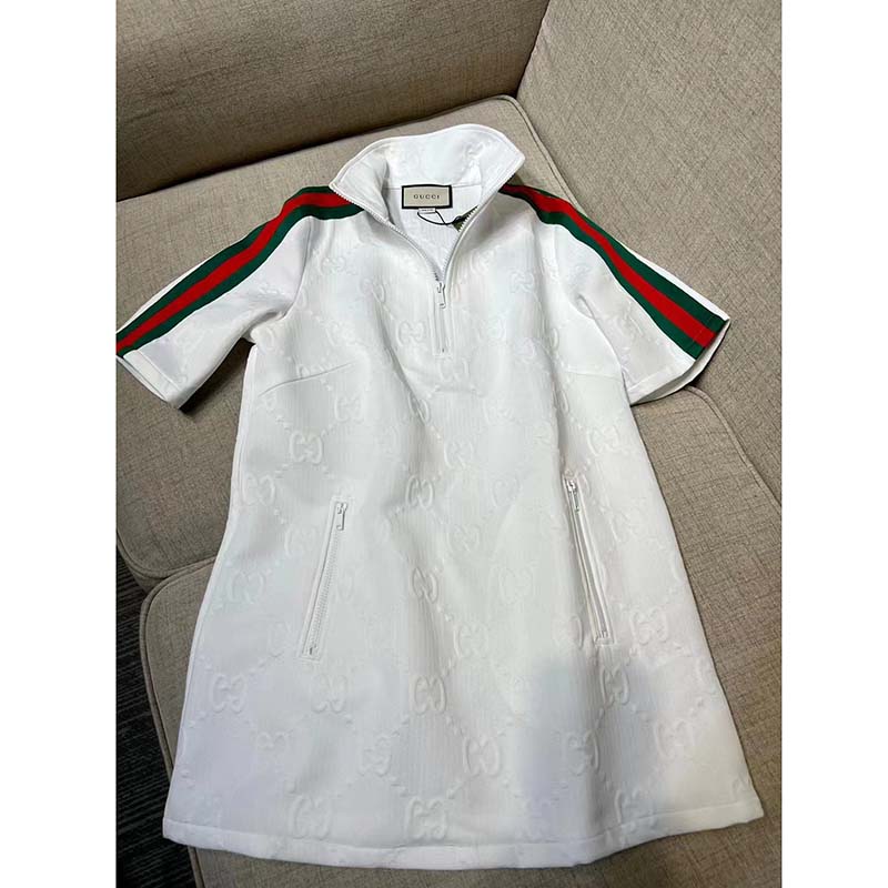 Gucci Women GG Jersey Jacquard Dress White High Neck Polyester Green Red Web