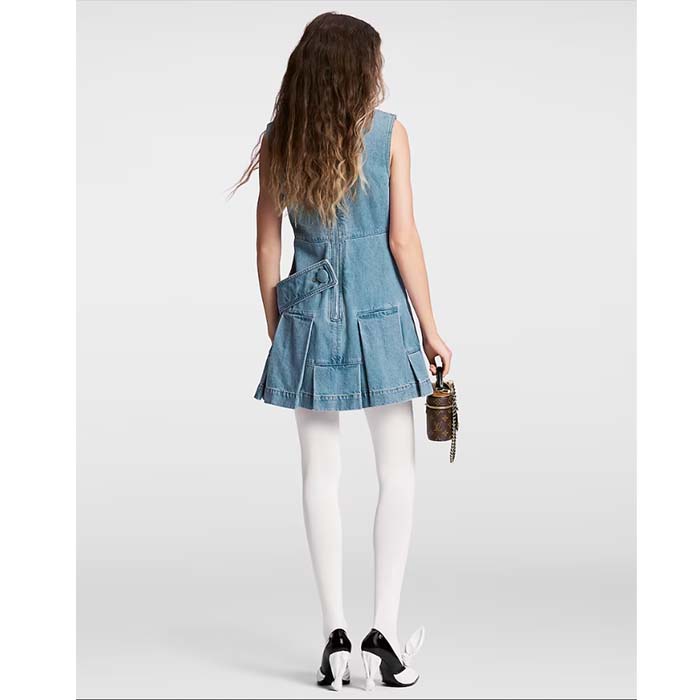 Louis Vuitton Women LV Denim Button Tab Pleat Dress Cotton Blue 1AFLXY