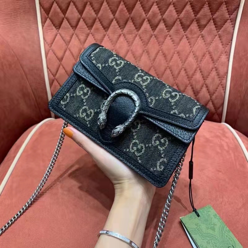 Gucci Women Dionysus Small GG Shoulder Bag Black GG Denim Jacquard Leather