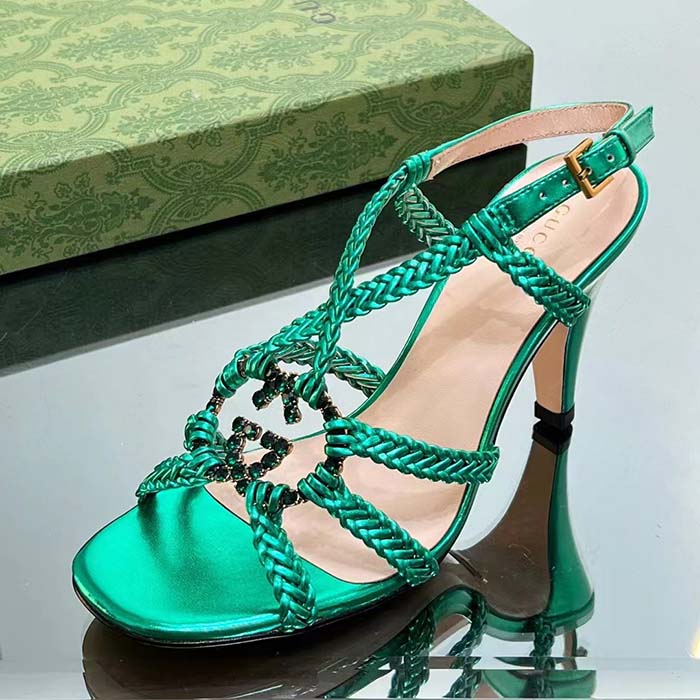 Gucci Women Crystal Interlocking G Sandal Green Metallic Braided Leather High Heel