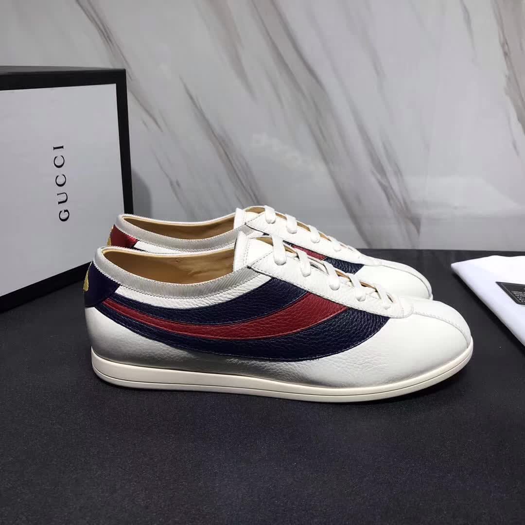 Gucci Men Leather Low-Top Sneaker Shoes with Web Stripe-White