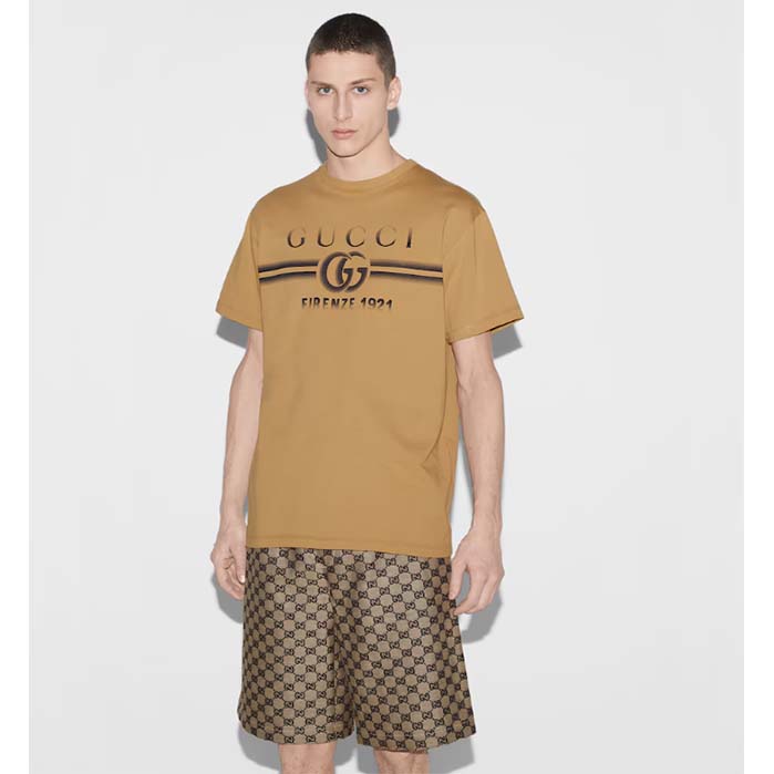 Gucci Men GG Cotton Jersey T-Shirt Print Beige Crewneck Short Sleeves