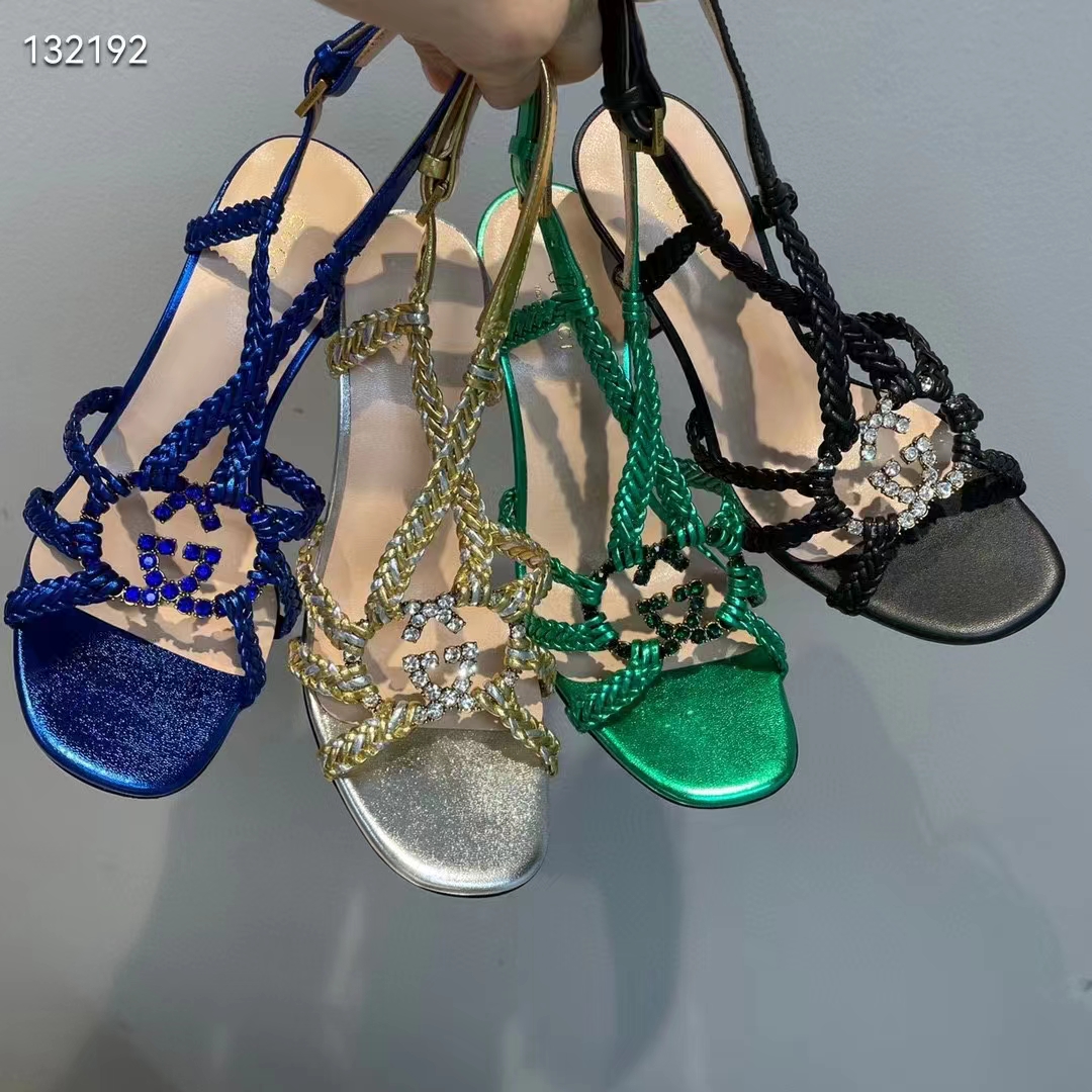 Gucci Women GG Cystal Interlocking G Sandal Green Metallic Braided High 9 CM Heel