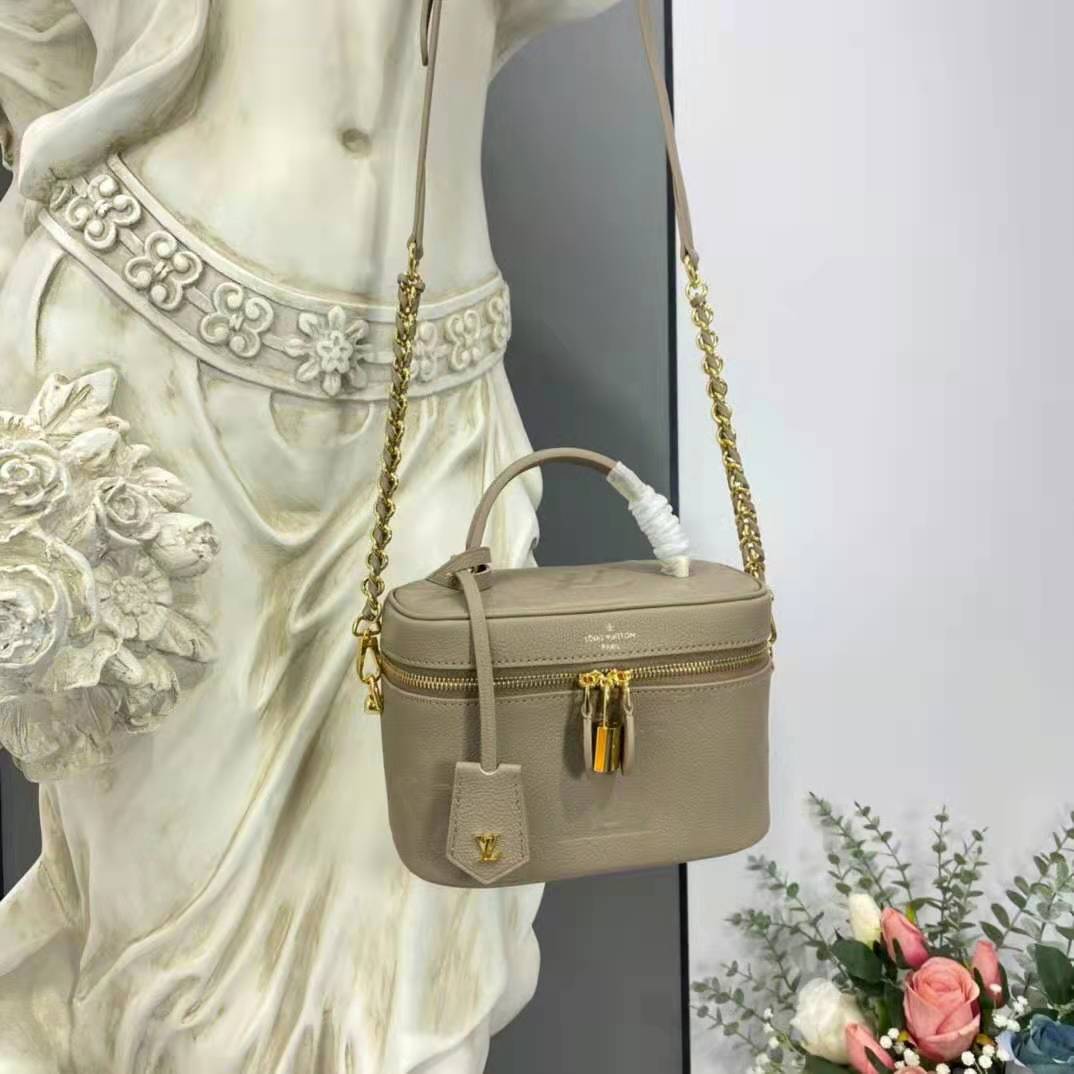 Louis Vuitton LV Women Vanity PM Handbag Tourterelle Beige Embossed Grained Cowhide Leather
