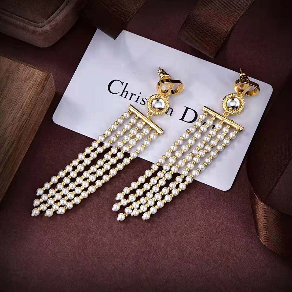 Dior Women La Parisienne Earrings Gold-Finish Metal with White Resin Pearls and Mirrors