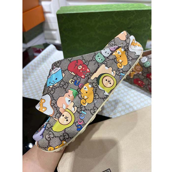 Gucci Unisex GG Animal Print Rubber Slide Sandal Beige Embossed Interlocking G Low Heel