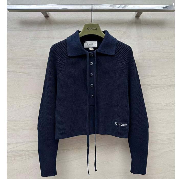 Gucci Women GG Chunky Rib Cotton Polo Top Knitted Label Raglan Long Sleeves