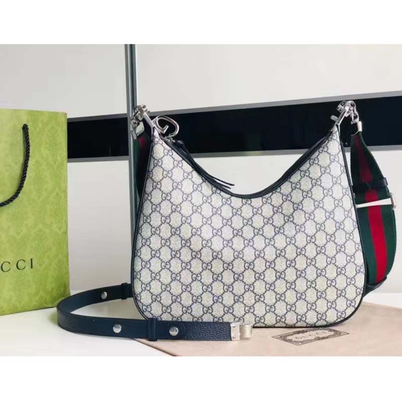 Gucci Women GG Attache Large Shoulder Bag Beige Blue GG Supreme Canvas