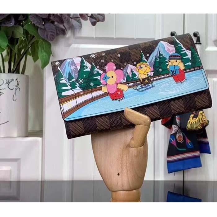 Louis Vuitton LV Unisex Sarah Wallet Pink Damier Ebene Coated Canvas Grained Cowhide Leather