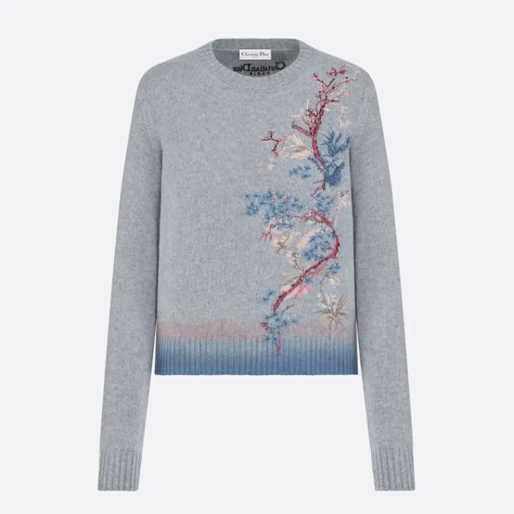 Dior Women Embroidered Sweater Gray Cashmere Knit with Multicolor Dior Pine Tree Motif