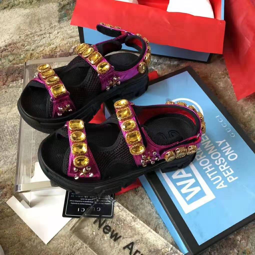 Gucci Women Metallic Leather Sandal with Crystals-Rose