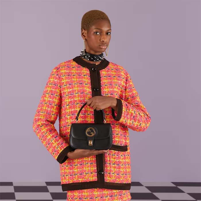 Gucci Women GG Blondie Small Top Handle Bag Black Leather Round Interlocking G