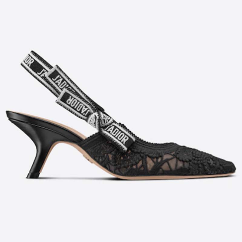 Dior Women CD J’Adior Slingback Pump Black Macramé Embroidered Cotton 6.5 Cm Heel