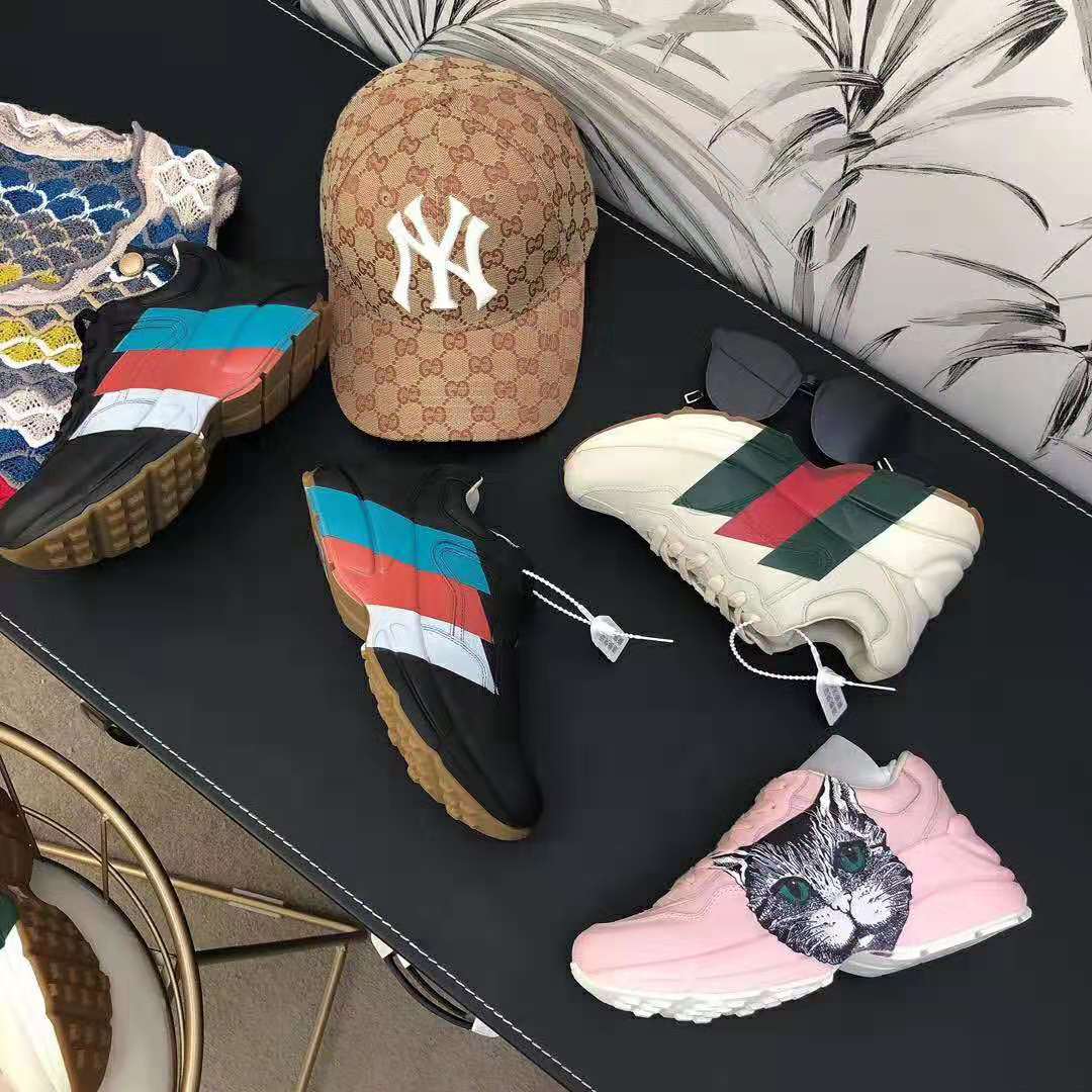 Gucci Men Rhyton Web Print Leather Sneaker in 5.1 cm Height-Black